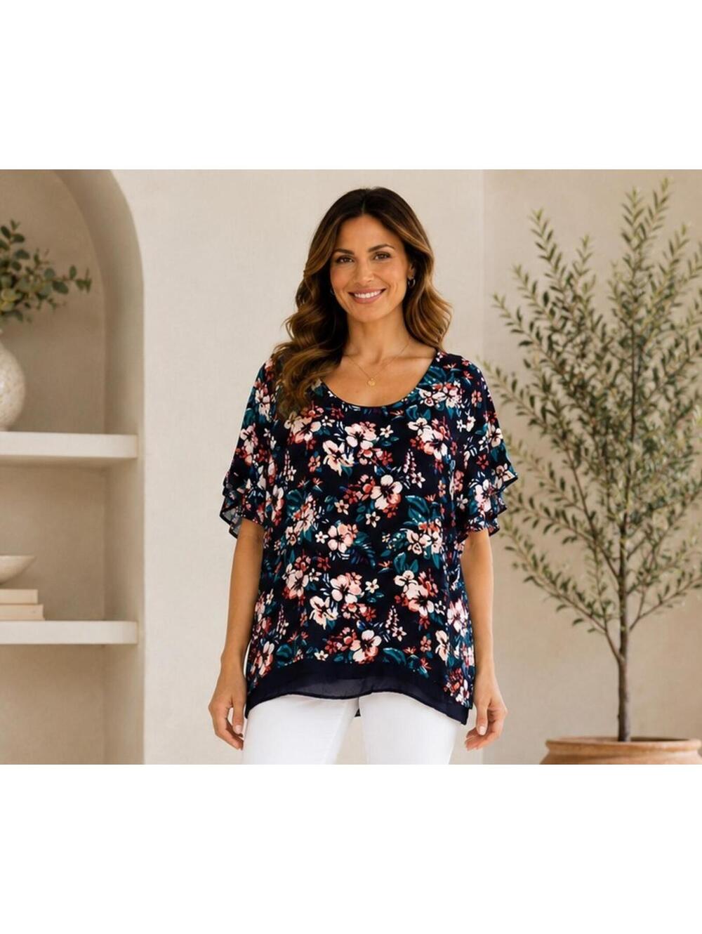 Massini 3X Navy Tropical Floral Overlay Top Sheer Hem Scoop Neck Size, 3X